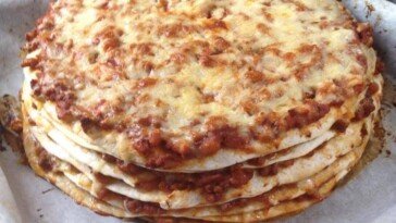 Bolognese and baked bean stack