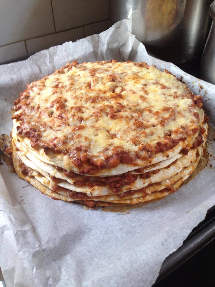Bolognese and baked bean stack