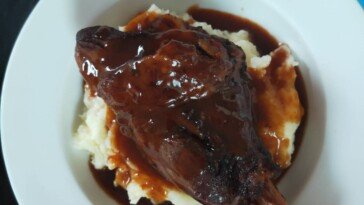 Slow cooked lamb shanks in red wine sauce on mash potato