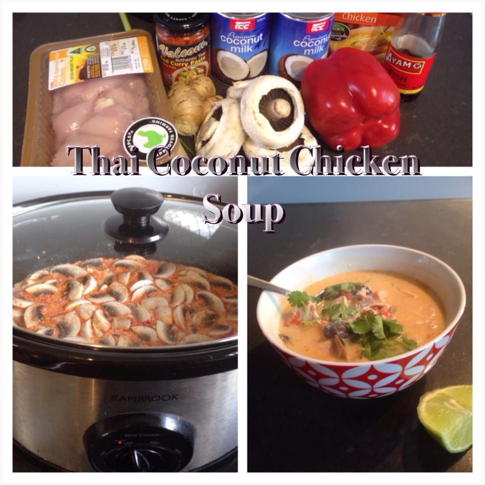 Thai Coconut Chicken Soup in the Slow Cooker Ingredients: 2 x 400ml cans coconut milk 1 L chicken stock 2 tbs red curry paste (more if you want it stronger) Approx 600g chicken pieces (breast or thigh) 1 stalk lemon grass, chopped into largish pieces (I removed prior to serving) 3 or 4 large mushrooms chopped 1 red capsicum chopped 1-2 chillies to taste, diced finely 1 tbs grated fresh ginger 2 tbs fish sauce 2 tbs cane sugar or brown sugar Directions: Pop it all in the slow cooker, cook on low about 7 hours. Might want to taste test about an hour before serving & add a dash of brown sugar if you like it slightly sweeter as I do. Or a little splash of soy if you wanted it saltier. Garnish with a good squeeze of fresh lime juice & top with fresh coriander. Enjoy Related searches to Thai Coconut Chicken Soup in the Slow Cooker thai chicken soup recipe slow cooker thai chicken curry creamy thai chicken soup vegetarian thai coconut soup slow cooker slow cooker thai chicken noodle soup healthy thai chicken soup slow cooker thai green curry slow cooker tom yum soup