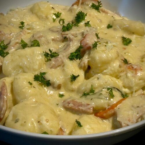 Gnocchi, Smoked Kransky, Cherry Tomatoes and Baby Spinach