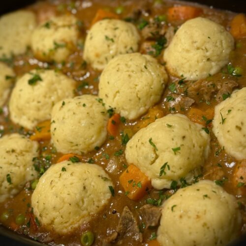 Beef Stew with Cheesy Fluffy Dumplings
