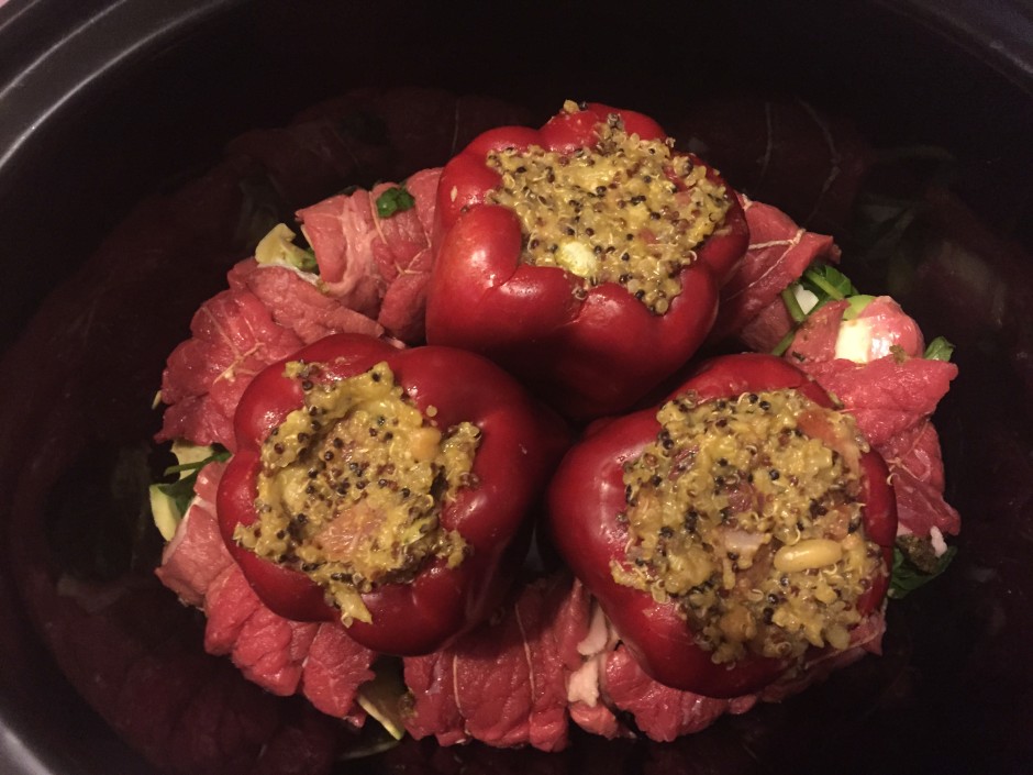 Quinoa and Chorizo Stuffed Peppers with Rolled Steak