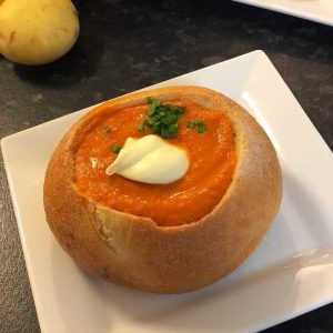 Tomato and Bacon Soup in Sourdough Bread Bowls